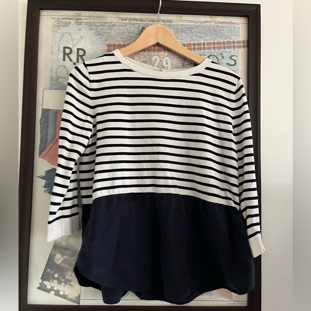 COS Navy Blue White Stripped Coastal Cotton Silk Button-Back Top S - Picture 1 of 6